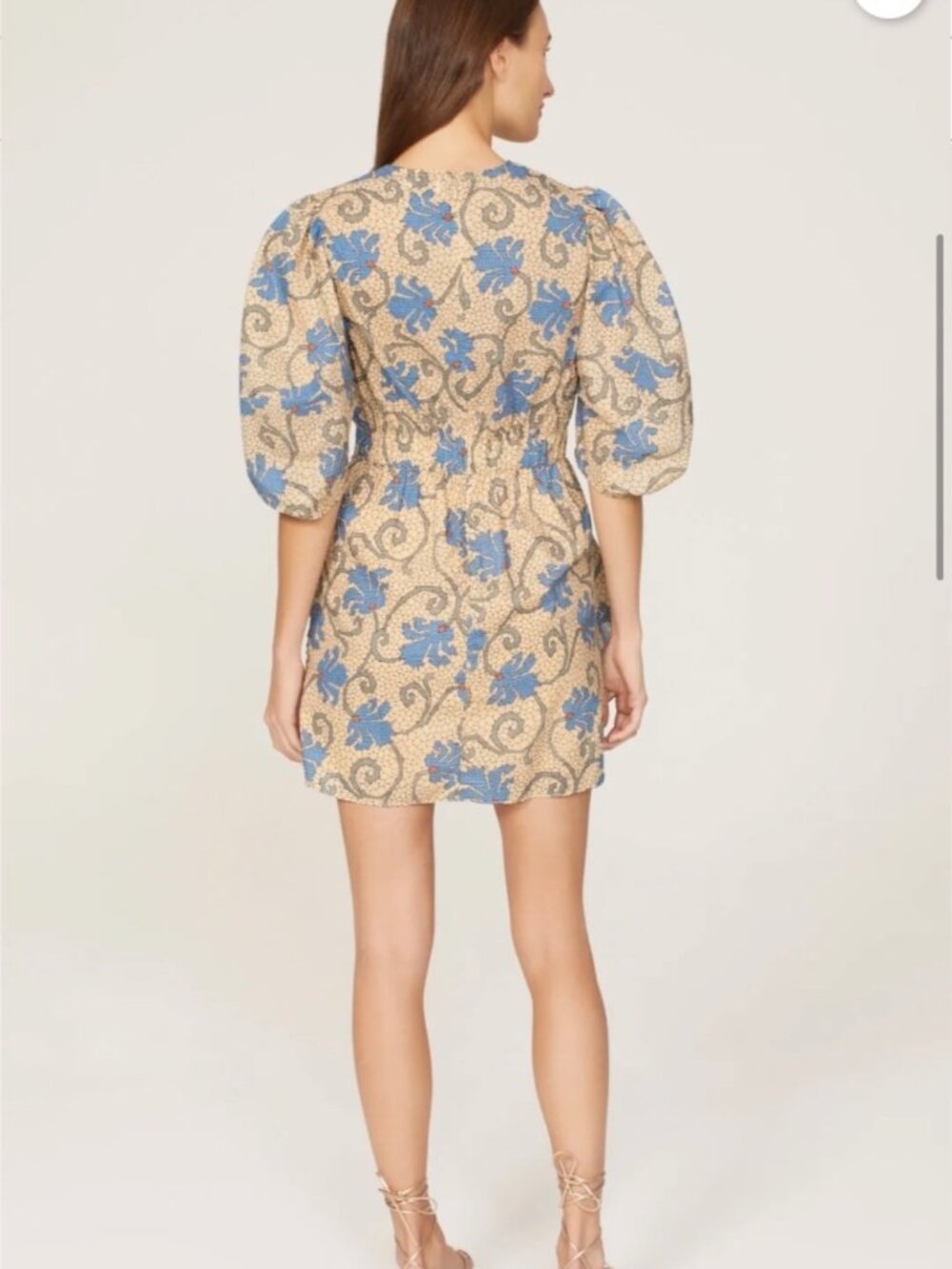 RHODE Pia Draped Mini Dress Mosaic Blossom Ruched w/ Side Ruffle, Puff Sleeves - Picture 3 of 11